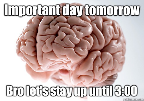 Important day tomorrow  Bro let's stay up until 3:00  - Important day tomorrow  Bro let's stay up until 3:00   Scumbag Brain