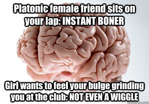 Platonic female friend sits on your lap: INSTANT BONER Girl wants to feel your bulge grinding you at the club: NOT EVEN A WIGGLE   Scumbag Brain