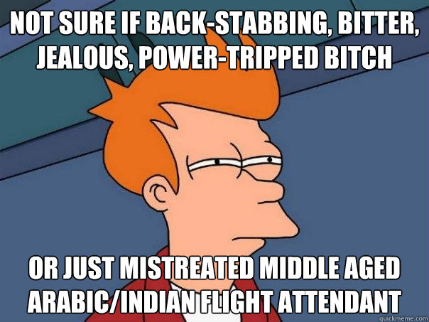 not sure if back-stabbing, bitter, jealous, power-tripped bitch Or just mistreated middle aged arabic/indian flight attendant - not sure if back-stabbing, bitter, jealous, power-tripped bitch Or just mistreated middle aged arabic/indian flight attendant  Futurama Fry