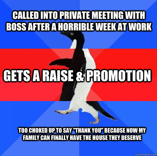 Called into private meeting with boss after a horrible week at work gets a raise & promotion Too choked up to say 