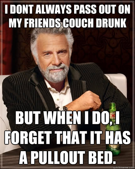 i dont always pass out on my friends couch drunk but when i do, I forget that it has a pullout bed.  The Most Interesting Man In The World