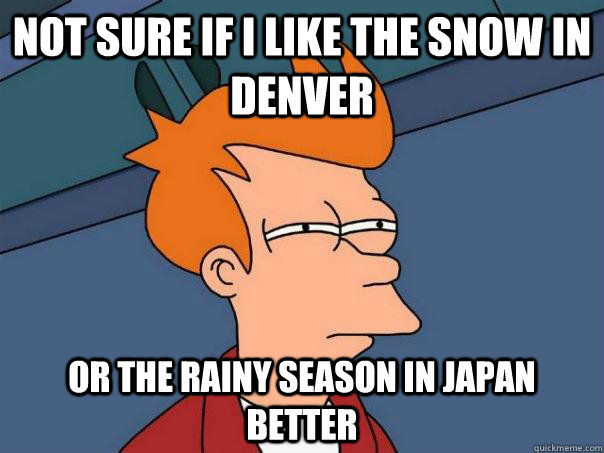 Not sure if I like the snow in Denver Or the rainy season in Japan better  Futurama Fry