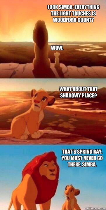 look simba: everything the light touches is Woodford County what about that shadowy place? That's Spring Bay.
You must never go there, simba. wow.  SIMBA