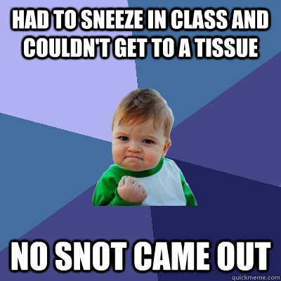 Had to sneeze in class and couldn't get to a tissue No snot came out  Success Kid