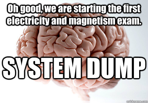 Oh good, we are starting the first electricity and magnetism exam.  SYSTEM DUMP - Oh good, we are starting the first electricity and magnetism exam.  SYSTEM DUMP  Scumbag Brain