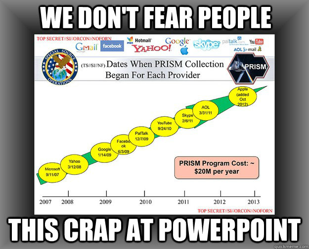 WE DON'T FEAR PEOPLE  THIS CRAP AT POWERPOINT  NSA Prism Slide