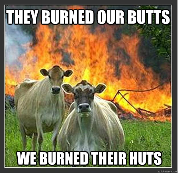 They burned our butts We burned their huts  Evil cows