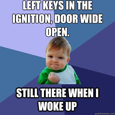 Left keys in the ignition, door wide open. still there when i woke up - Left keys in the ignition, door wide open. still there when i woke up  Success Kid