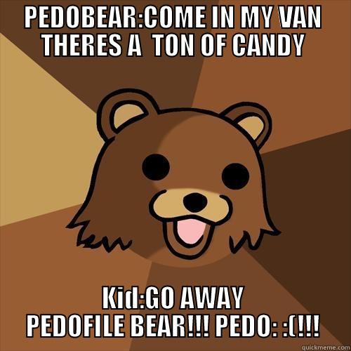 PEDOBEAR:COME IN MY VAN THERES A  TON OF CANDY KID:GO AWAY PEDOFILE BEAR!!! PEDO: :(!!! Pedobear