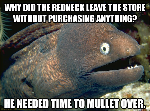 why did the redneck leave the store without purchasing anything? He needed time to mullet over.  Bad Joke Eel