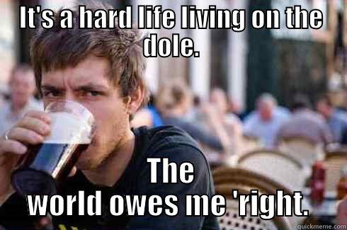 IT'S A HARD LIFE LIVING ON THE DOLE. THE WORLD OWES ME 'RIGHT.  Lazy College Senior