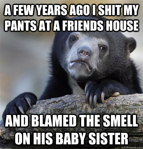 a few years ago i shit my pants at a friends house and blamed the smell on his baby sister  Confession Bear