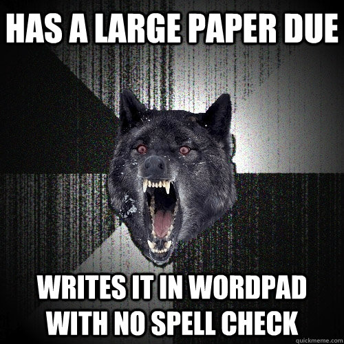 Has a large PAPEr due  Writes it in wordpad with no spell check  Insanity Wolf