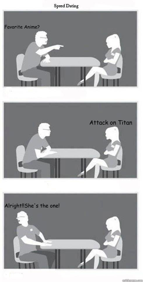 Favorite Anime? Attack on Titan Alright!!She's the one!  Speed Dating