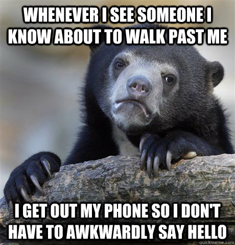 Whenever I see someone I know about to walk past me  I get out my phone so I don't have to awkwardly say hello  Confession Bear