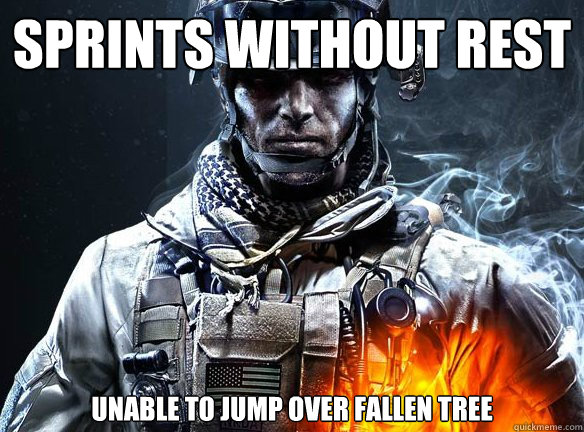 SPRINTS WITHOUT REST UNABLE TO JUMP OVER FALLEN TREE  Battlefield 3