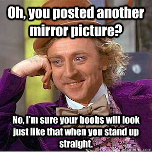 Oh, you posted another mirror picture? No, I'm sure your boobs will look just like that when you stand up straight.  Condescending Wonka