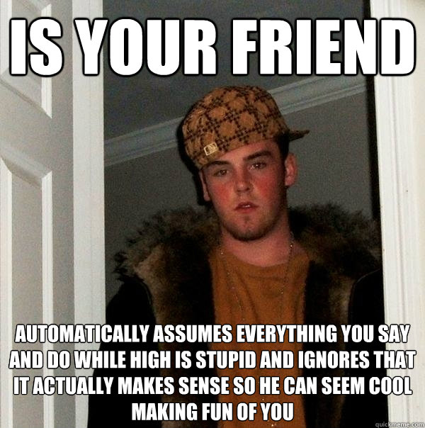 is your friend automatically assumes everything you say and do while high is stupid and ignores that it actually makes sense so he can seem cool making fun of you - is your friend automatically assumes everything you say and do while high is stupid and ignores that it actually makes sense so he can seem cool making fun of you  Scumbag Steve