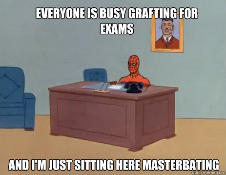 Everyone is busy grafting for exams And I'm just sitting here masterbating  masturbating spiderman