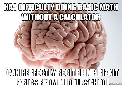 has difficulty doing basic math without a calculator can perfectly recite limp bizkit lyrics from middle school - has difficulty doing basic math without a calculator can perfectly recite limp bizkit lyrics from middle school  Scumbag Brain