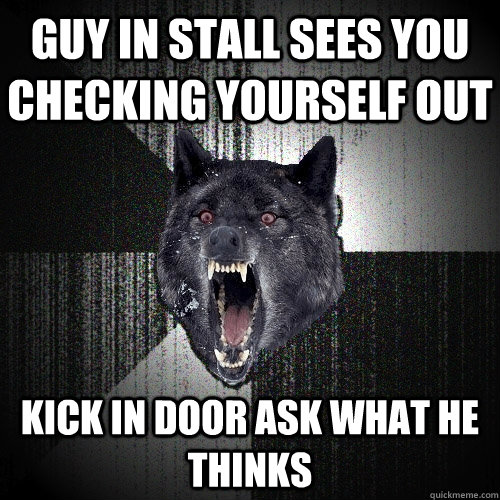 guy in stall sees you checking yourself out kick in door ask what he thinks  Insanity Wolf