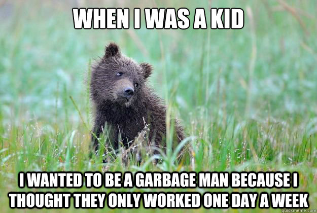 when i was a kid I wanted to be a garbage man because i thought they only worked one day a week  childhood confession bear