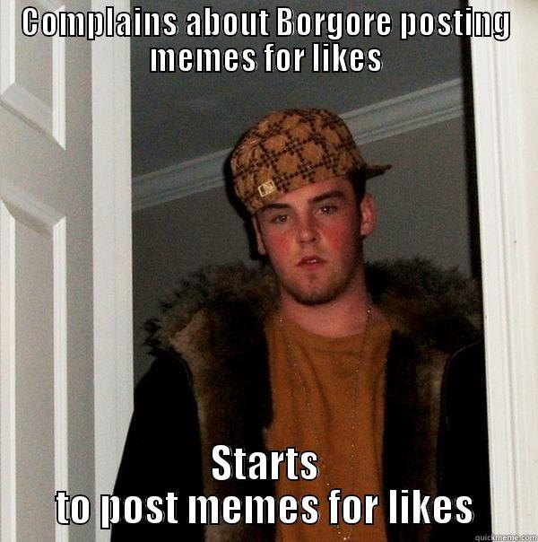 COMPLAINS ABOUT BORGORE POSTING MEMES FOR LIKES STARTS TO POST MEMES FOR LIKES Scumbag Steve