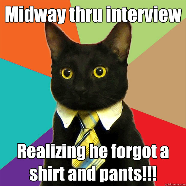 Midway thru interview Realizing he forgot a shirt and pants!!!  Business Cat