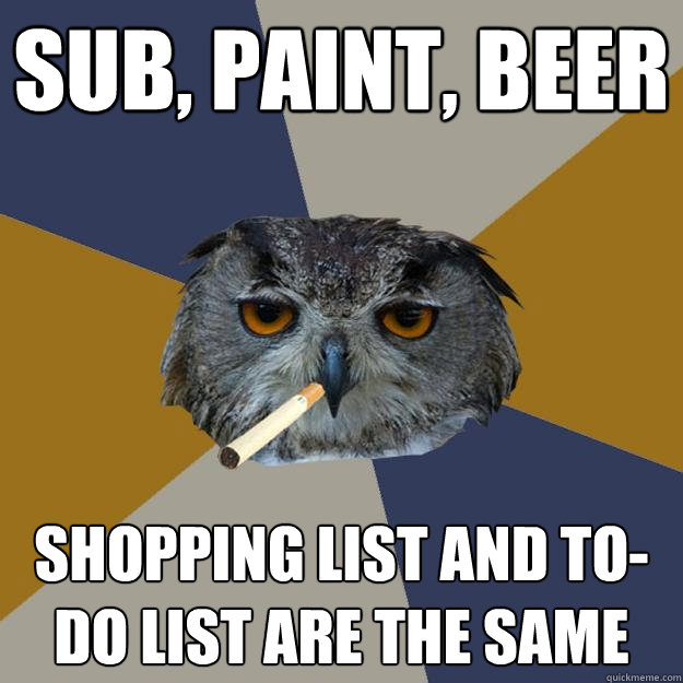 Sub, paint, beer Shopping list and to-do list are the same  Art Student Owl