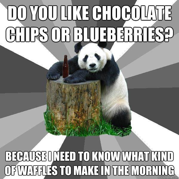 Do you like Chocolate chips or blueberries?  Because I need to know what kind of waffles to make in the morning  Pickup-Line Panda