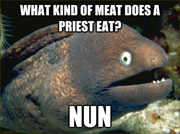 what kind of meat does a priest eat? nun - what kind of meat does a priest eat? nun  Bad Joke Eel