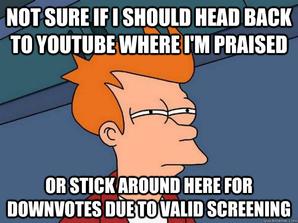 Not sure if I should head back to youtube where I'm praised  Or stick around here for downvotes due to valid screening  Futurama Fry