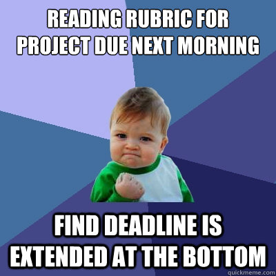 Reading rubric for project due next morning find deadline is extended at the bottom  Success Kid