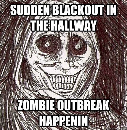 sudden blackout in the hallway zombie outbreak happenin  Horrifying Houseguest