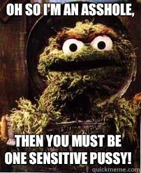 Oh so I'm an asshole, Then you must be one sensitive pussy!  Oscar The Grouch