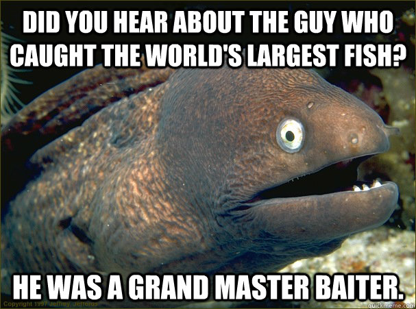 Did you hear about the guy who caught the world's largest fish? He was a Grand Master Baiter.  Bad Joke Eel