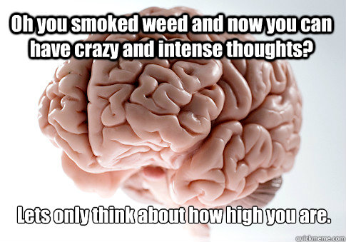 Oh you smoked weed and now you can have crazy and intense thoughts? Lets only think about how high you are.  Scumbag Brain