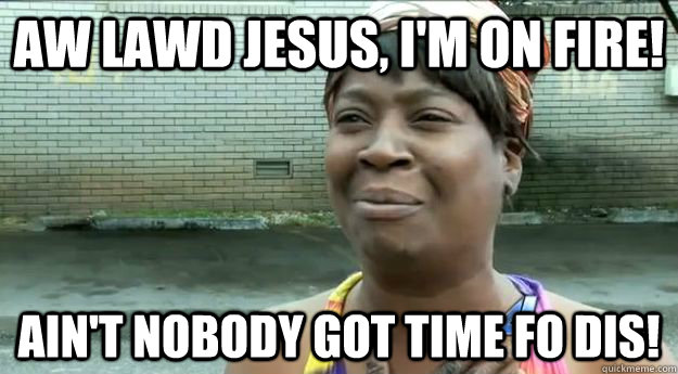 aw lawd jesus, i'm on fire! Ain't nobody got time fo dis!  Sweet Brown