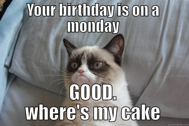 YOUR BIRTHDAY IS ON A MONDAY GOOD. WHERE'S MY CAKE Grumpy Cat