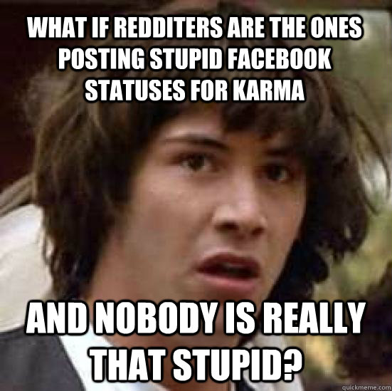 What if Redditers are the ones posting stupid facebook statuses for karma and nobody is really that stupid?  conspiracy keanu