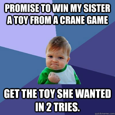 Promise to win my sister a toy from a crane game Get the toy she wanted in 2 tries.  Success Kid