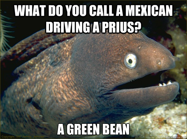 what do you call a Mexican driving a Prius? A green bean  Bad Joke Eel