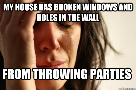 my house has broken windows and holes in the wall from throwing parties  First World Problems