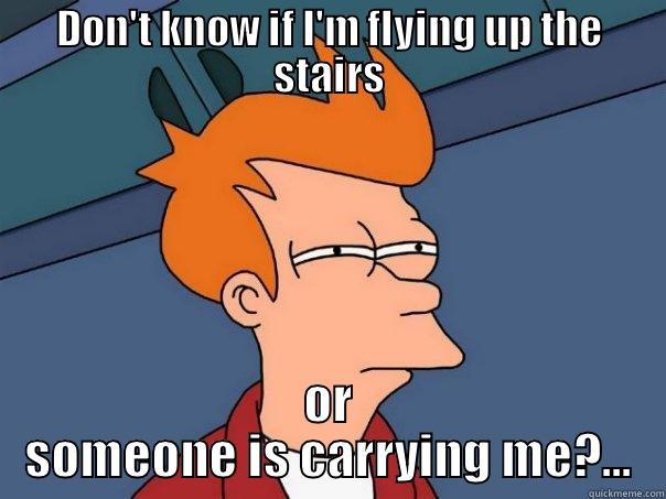 DON'T KNOW IF I'M FLYING UP THE STAIRS OR SOMEONE IS CARRYING ME?... Futurama Fry