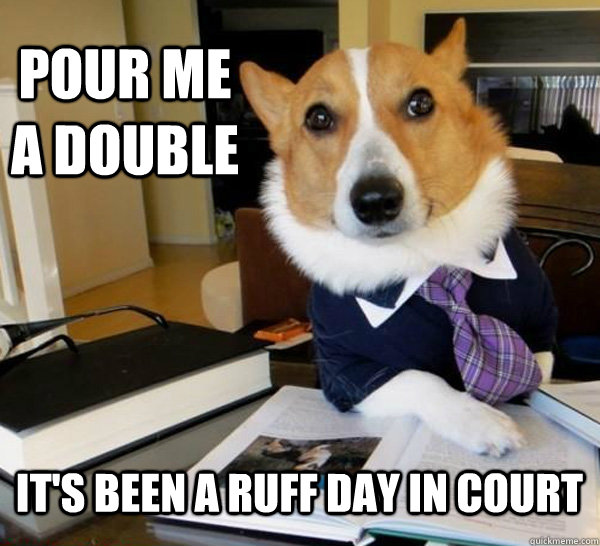 Pour me a double It's been a ruff day in court  Lawyer Dog