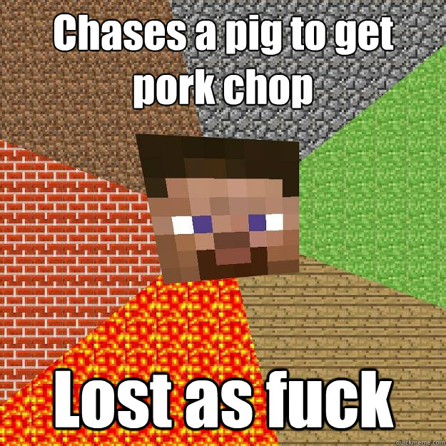 Chases a pig to get pork chop Lost as fuck  Minecraft