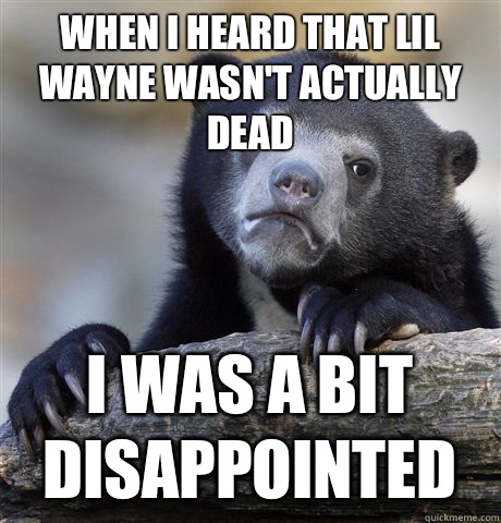 When I heard that Lil Wayne wasn't actually dead  I was a bit disappointed   Confession Bear