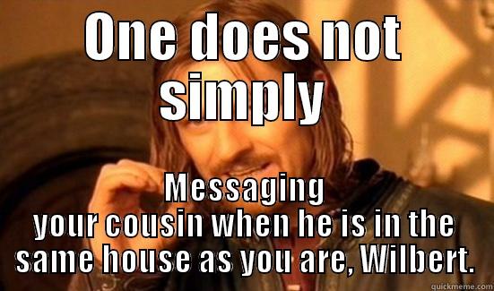 ONE DOES NOT SIMPLY MESSAGING YOUR COUSIN WHEN HE IS IN THE SAME HOUSE AS YOU ARE, WILBERT. Boromir