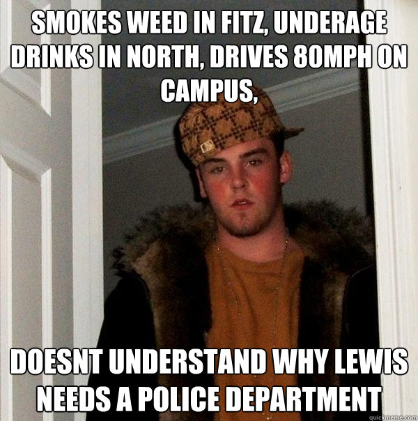 Smokes weed in Fitz, underage drinks in North, drives 80mph on campus, doesnt understand why Lewis needs a Police Department  Scumbag Steve