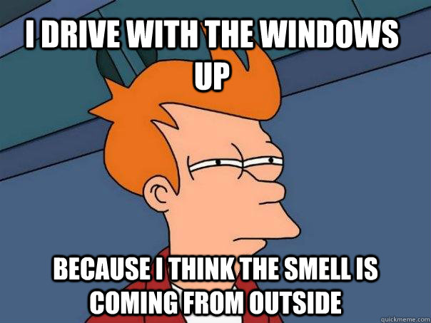 i drive with the windows up because i think the smell is coming from outside  Futurama Fry